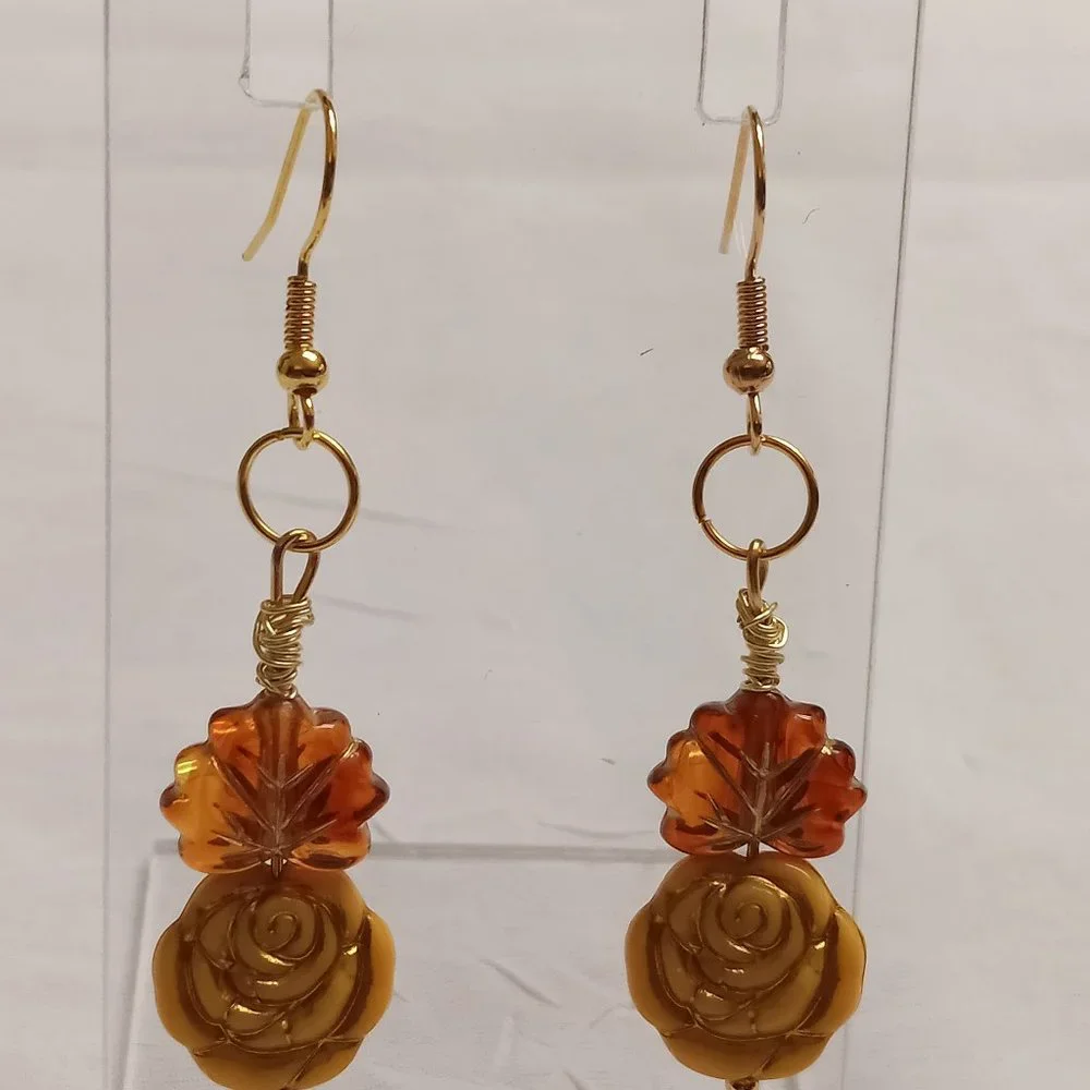 Steel Handmade Hand Crafted Leaf & Rose Beaded Dangle Earrings #55 - Picture 11 of 14